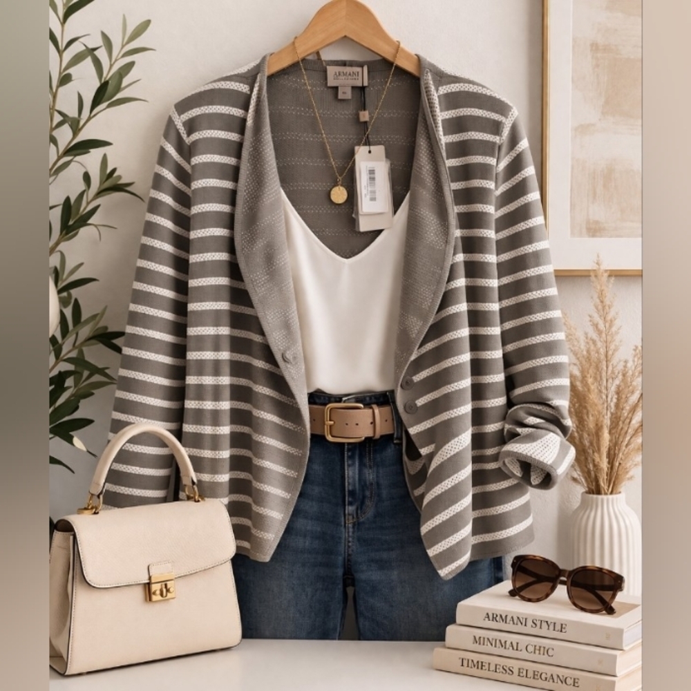 Armani Colezzioni Cardigan Blazer Gray White Stripe Knit Asymmetric Size 46